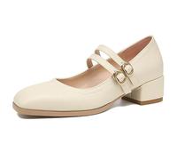 Zapatos Mary-Jane para Mujer con tacón de Bloque bajo y Grueso, Zapatos de Trabajo con Punta Cerrada, Correas Dobles en el Tobillo, Zapatos de tacón con Punta Cuadrada,Beige,39 EU