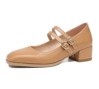 Zapatos Mary-Jane para Mujer con tacón de Bloque bajo y Grueso, Zapatos de Trabajo con Punta Cerrada, Correas Dobles en el Tobillo, Zapatos de tacón con Punta Cuadrada,Marrón,42 EU