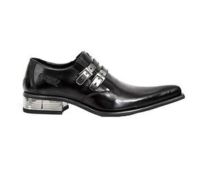Zapatos NEW ROCK NEWMAN M-2246-S14 Zapatos de Cuero Negro y Tacón de Acero con Hebilla 42