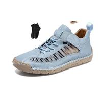 Zapatos ortopédicos cómodos de cuero hechos a mano para mujer, con soporte de arco, ajustables, cómodos, con banda elástica, informales, ligeros, antideslizantes, para caminar, caminar, conducir, azul