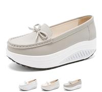 Zapatos ortopédicos de cuero con plataforma y tacón de cuña para mujer, mocasines de cuña cómodos, puntera redonda, suela suave, zapatos para caminar, gris, 34.5 EU