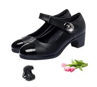 Zapatos ortopédicos Mary Jane de cuero con suela suave y botón de diamante para mujer, cómodos de mediana edad, zapatos de piel con tacón de cuña grueso para caminar para mujeres mayores, Black, 42.5