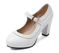 Zapatos Oxford Mary Jane Oxfords de Tacón Medio con Perforaciones en la Punta Redonda Zapatos de Vestir Zapato Rockabilly con Plataforma Retro Correa Tobillo (Color : Blanco, Size : 35 EU)