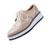 Zapatos Oxfords de plataforma para mujer, clásicos, con tacón grueso, de cuero, punta redonda, con cordones, con cuña, para vestido, transpirables, cómodos, brillantes, beige, 39 EU