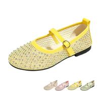 Zapatos planos de ballet de malla con diamantes de imitación para mujer, zapatos Mary Jane para bodas, fiestas, vacaciones, uso diario, Amarillo, 39 EU