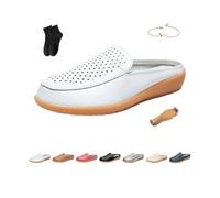 Zapatos planos de cuero para mujer, mocasines ortopédicos de cuero sin espalda, mocasines cómodos con flores ahuecadas, White, 37 EU