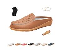 Zapatos planos de cuero para mujer, mocasines ortopédicos de cuero sin espalda, mocasines cómodos con flores ahuecadas, Brown, 40 EU