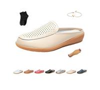 Zapatos planos de cuero para mujer, mocasines ortopédicos de cuero sin espalda, mocasines cómodos con flores ahuecadas, beige, 35 EU