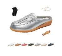Zapatos planos de cuero para mujer, mocasines ortopédicos de cuero sin espalda, mocasines cómodos con flores ahuecadas, Silver, 38 EU