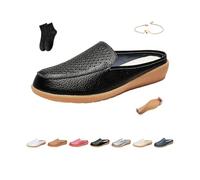 Zapatos planos de cuero para mujer, mocasines ortopédicos de cuero sin espalda, mocasines cómodos con flores ahuecadas, Black, 39.5 EU