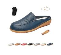 Zapatos planos de cuero para mujer, mocasines ortopédicos de cuero sin espalda, mocasines cómodos con flores ahuecadas, Blue, 40 EU