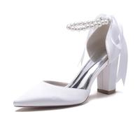 Zapatos tacón Alto para Novia, para Boda, para Mujer,Elegantes, con Punta Puntiaguda, Lazo satén, Perla,para Fiesta graduación,cómodas Sandalias de Baile con tacón Grueso,Blanca,39 EU