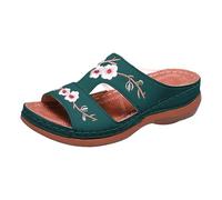 Zapatos Verano Mujer Comodos Chanclas Cuña Playa Zapatos de Verano Para Mujer Zapatillas de Tacón Bajo Con Gruesa Y Bordado Flores Con Una Palabra Y Sandalias Planas Negras (Green 41)