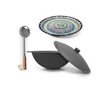 ZARENHOFF Hierro fundido Kazan 16 L Ø 46,5 cm de fondo plano con Lagan Ø 37 cm Espumadera para olla Plov uzbeko WOK Kazan Ljagan Namangan Asia Казан казан казан (Set 617)