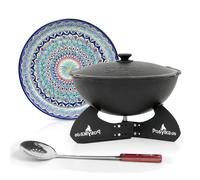 ZARENHOFF Kazan de hierro fundido de 42,5 cm de diámetro, 12 l, tapa de aluminio, lagan Ø 37 cm, soporte, espumadera, asa, accesorios de cocina, base plana o redonda a elegir, Kazan (base redonda)