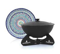 ZARENHOFF Kazan de hierro fundido de 42,5 cm de diámetro, 12 l, tapa de aluminio, tripata, diámetro Lagan de 37 cm, mango, dispensador, base plana o redonda a elegir, Trinoga, plato Plov, Kazan (base