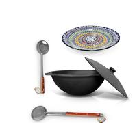 ZARENHOFF Set - Uzbeko Hierro fundido Kazan 22 L fondo redondo, tapa de aluminio fundido espumadera 64 cm espumadera 48 cm lagan 42 cm ляган Oven шумовка пикник печь шазия (Set - 632)