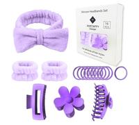 Zaritaffy Juego de 16 diademas para el cuidado de la piel, juego de diadema para lavado facial, spa y maquillaje, incluye 1 diadema, pulsera, 3 pinzas para el cabello y 10 lazos para el cabello, con