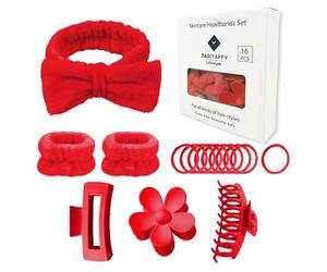 Zaritaffy Juego de 16 diademas para el cuidado de la piel, juego de diadema para lavado facial, spa y maquillaje, incluye 1 diadema, pulsera, 3 pinzas para el pelo y 10 lazos para el cabello, con caja