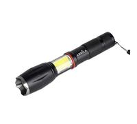 Zarivy Linterna LED negra, 300 lm, IP44, con COB, zoom, imán y asa, tamaño 15,5/18,6x3,8x3,8 cm, funciona con 3xAAA, ideal para camping y emergencias.