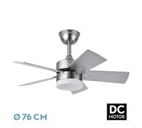 Zarivy Ventilador DC Marta 36W con acabado níquel y 5 aspas. Dimensiones de 41x76 cm, 3060 lúmenes, control remoto con memoria y temporizador. Temperaturas de luz: 3000K, 4000K y 6000K.