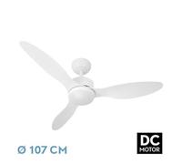 Zarivy Ventilador DC Serpa 24W blanco elegante. Cuenta con 3 aspas, 6 velocidades y un potente flujo de 2424 Lm. Incluye luz regulable (3000-4000-6500K), control remoto, regulador y temporizador.