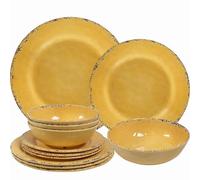 ZAROCRUS Juego de vajilla rústica de melamina de 12 piezas con plato llano, plato de ensalada y cuencos multiusos de gran capacidad, servicio para 4, uso en interiores y exteriores, color amarillo