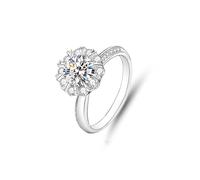 Zarter Ring Damen, Ring Damen Zierlich Dünner, Eleganter Ring mit Runder Moissanite-Blume 1 Karat Silber 14K Weißgold Größe 50 (15.9)