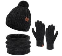 ZASFOU Gorros de invierno para mujer, bufanda táctil, juego de guantes cálidos con forro polar, chenilla de punto, Negro , Talla única