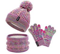 ZASFOU Juego de gorro, bufanda y guantes táctiles para niños, gorro de invierno termico, bufanda tubular, puños para niños pequeños, de 3 a 12 años, gorro tejido con pompón, regalo para niñas y niños