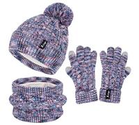 ZASFOU Juego de gorro, bufanda y guantes táctiles para niños, gorro de invierno termico, bufanda tubular, puños para niños pequeños, de 3 a 12 años, gorro tejido con borla, regalo para niñas y niños