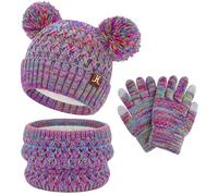 ZASFOU Niño Niña Niño Invierno Sombrero Gorro Bufanda Guantes Pantalla Táctil Conjunto 2 3 4 5 6 7 Años Punto Pom Gorros Forro Polar Gorra Calentador Cuello Guante Regalos Niñas Niños, rosa morado