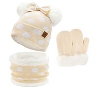 ZASFOU Niños Baby Mütze Loop Schal Handschuhe Set 0-4 Jahre Thermo Wintermütze Schlauchschal Fäustlinge Kleinkinder Mädchen Baumwolle Strick Pom Mützen Geschenk, beige, Talla única