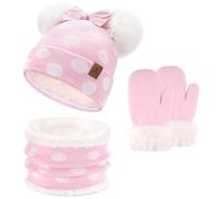 ZASFOU Niños Baby Mütze Loop Schal Handschuhe Set 0-4 Jahre Thermo Wintermütze Schlauchschal Fäustlinge Kleinkinder Mädchen Baumwolle Strick Pom Mützen Geschenk, Rosa., Talla única