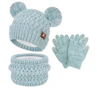 ZASFOU Set de Gorro, Bufanda y Guantes con Pantalla Táctil para Niños, 2 3 4 5 6 7 Años, Gorro de Punto con Pompón, Bufanda y Guante, Regalos para Niñas y Niños, verde claro, talla unica