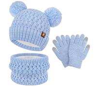 ZASFOU Set de Gorro, Bufanda y Guantes con Pantalla Táctil para Niños, 2 3 4 5 6 7 Años, Gorro de Punto con Pompón, Bufanda y Guante, Regalos para Niñas y Niños, azul claro, talla unica
