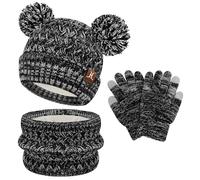 ZASFOU Set de Gorro, Bufanda y Guantes de Invierno para Niños con Pantalla Táctil, 2 3 4 5 6 7 Años, Gorro de Punto con Pompón, Bufanda y Guante, Regalos para Niñas y Niños, Negro , talla unica