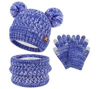 ZASFOU Set de Gorro, Bufanda y Guantes de Invierno para Niños con Pantalla Táctil, 2 3 4 5 6 7 Años, Gorro de Punto con Pompón, Bufanda y Guante, Regalos para Niñas y Niños, Azul real., talla unica