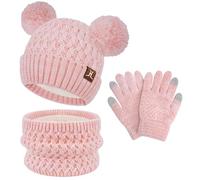 ZASFOU Set de Gorro, Bufanda y Guantes de Invierno para Niños con Pantalla Táctil, 2 3 4 5 6 7 Años, Gorro de Punto con Pompón, Calentadores de Cuello y Guantes, Regalos para Niñas y Niños, Rosa