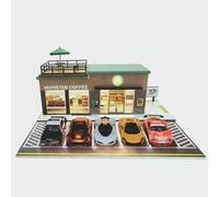ZAWALUD 1/64 Escala Die Casting Parkgarage Vitrine Art Deco Coffee Shop Thema LED Lampen 5 AußenParkplätze Erwachsene Männer Jungen Teenager Modellauto Enthusiasten