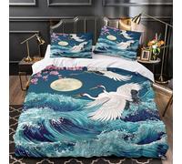 ZAWPPEUIO 3 Piezas Microfibra Cranes Flying Over Waves Funda Edredon Cremallera Fundas Almohada Lavables Japanese Ink Funda de Edredón for niña King（220x240cm）