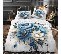 ZAWPPEUIO Juego 3 Piezas Microfibra de poliéster BlueFlowerBouquet Funda de Edredón Impresión 3D Funda Almohada Suave Botánico Juego Fundas Edredón for niños Single（135x200cm）