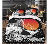ZAWPPEUIO Juego 3 Piezas Microfibra Japanese Temple Fuego Fundas Edredón Estampado 3D Fundas Almohada Antibacteriana Woodcut Juego Fundas Edredón for Adolescentes Double（200x200cm）