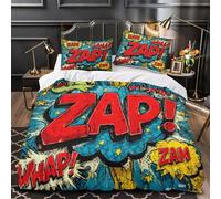 ZAWPPEUIO Tres Piezas Microfibra Impresión 3D Comic Sound Effects Juego Fundas Edredón Diseño 3D Funda Almohada Antibacteriana Vintage Coon Funda Edredon for jóvenes Single（140x200cm）