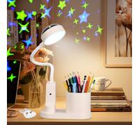 Zaxiva Lámpara de Escritorio para Niños, Regulable Flexo Led Escritorio, Lamparas Sin Cables Noche con Proyector de Estrellasy Portalapices, Luz de Escritorio USB Recargable para Lectura, Estudio