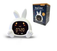 ZAZU Sarah - Entrenador de sueño para niños - Luz nocturna (5 colores), máquina de sonido, despertador con 6 sonidos, apertura y cierre de ojos, recargable con USB