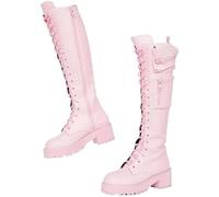 ZBDZSW - Botas altas hasta la rodilla para mujer, diseño gótico con cremallera, bolsillo, con cordones, tacón grueso, a la moda, Pink, 34 1/3 EU