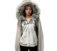 ZBDZSW Street Fashion Winter Personality Print Design Zipper Hoodie Women Y2k Harajuku Vintage Fur Neck Warm Loose Jacket