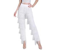 ZBH1985 - Pantalones de Baile Latino para Mujer con Borlas, Salón de Baile, Negro, para Adultos, con Flecos, Rumba, Tango y Salsa, Blanco, XL
