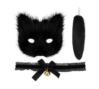 ZBHDEYG 1 pieza de máscara de gato, 1 pieza de cola, 1 pieza de collar, llavero de cola de zorro, máscara de felpa, colgante de cola, accesorios de disfraz, juego de máscara de gato zorro